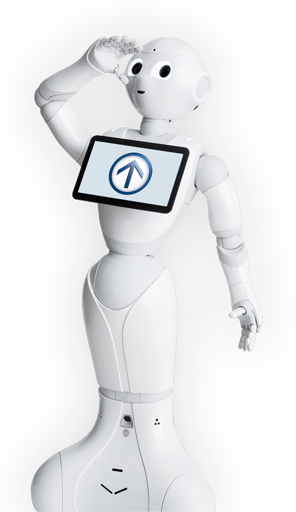 Nova, un robot de SinfonIA, con un brazo en alto y la marca Uniandes en su tableta